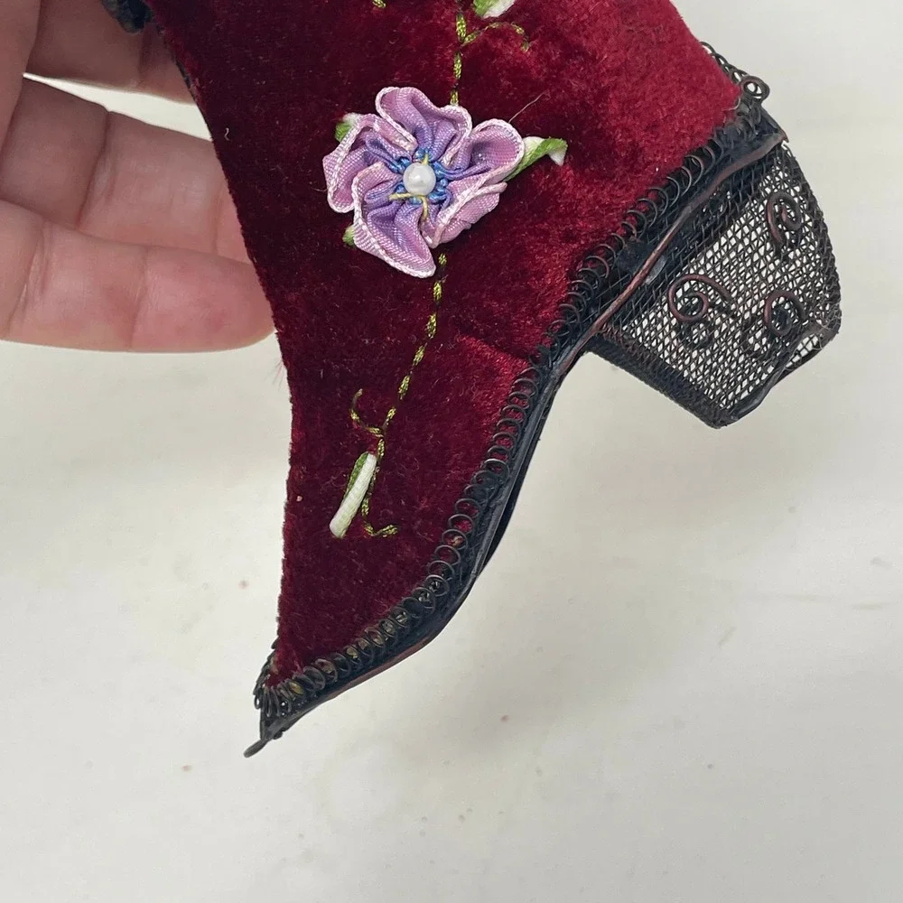 Vintage Victorian Style Burgundy Velvet Wire Mesh Boot Ornament Ribbon Flower